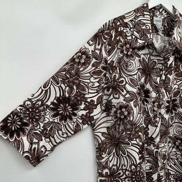 Chicos Size 3 US‎ XL 16 18 Top Shirt Shacket 100% Linen Brown Floral 3/4 Sleeve - Picture 6 of 12